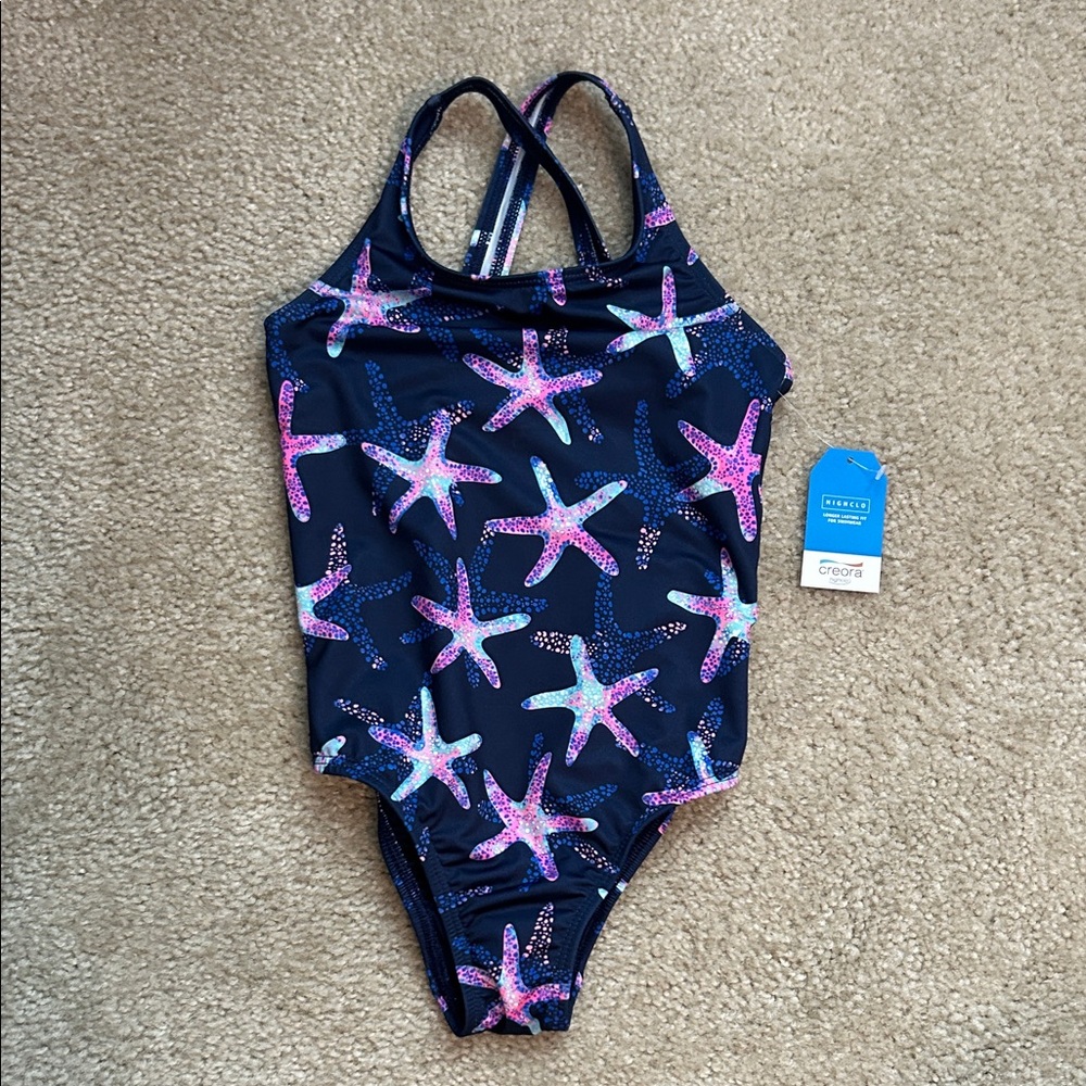 Lands' End Navy and Pink Starfish Kids One Piece